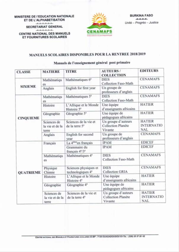 Manuels de l'enseignement postprimaire disponible pour la rentrée 2018-2019